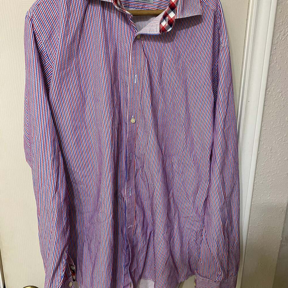 Thomas Dean Mens Red and Blue Preppy Plaid Dress Business Casual Shirt XL